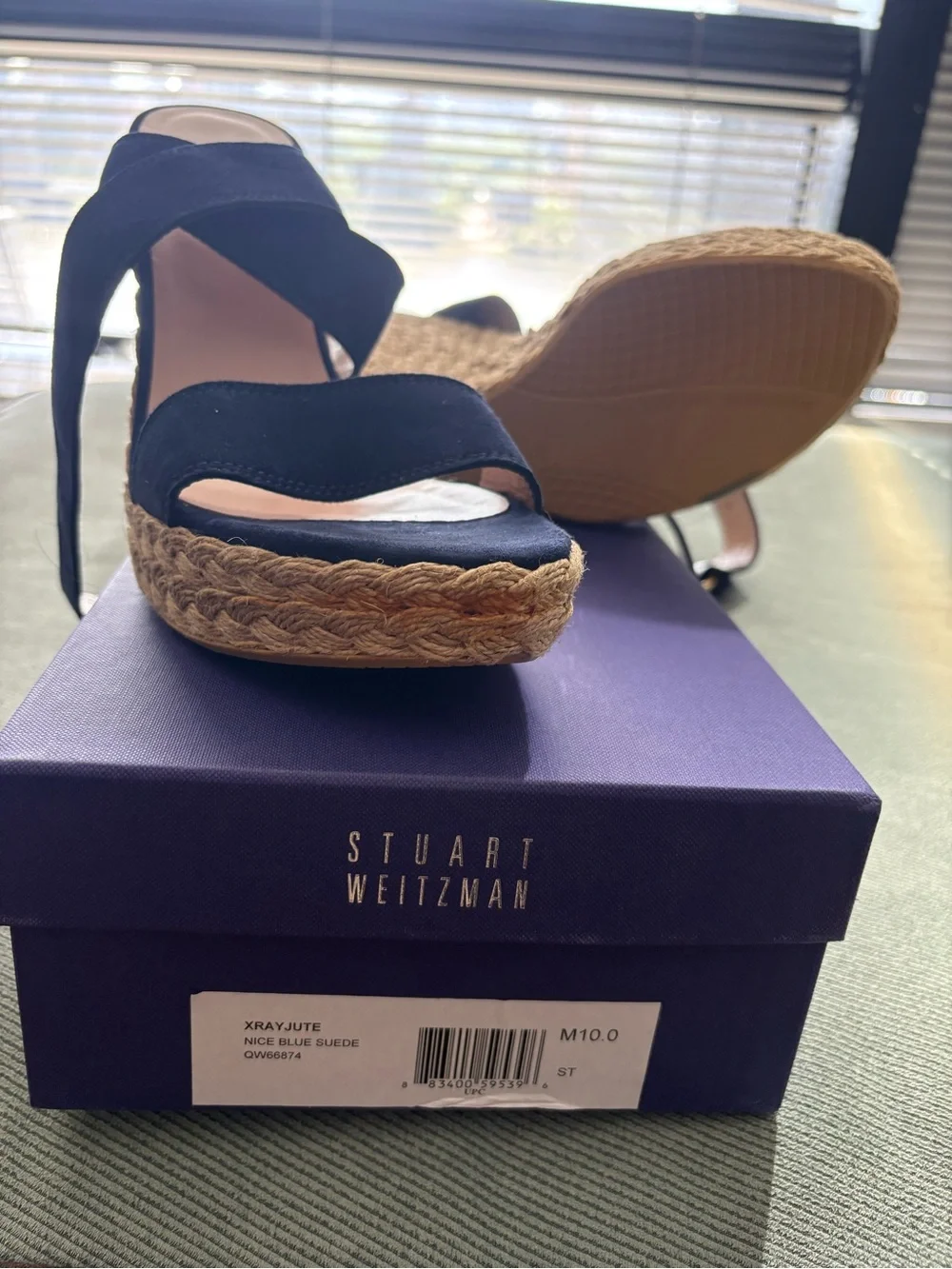 Stuart Weitzman Navy Suede Cross-Strap Espadrille Wedges - Picture 4 of 5